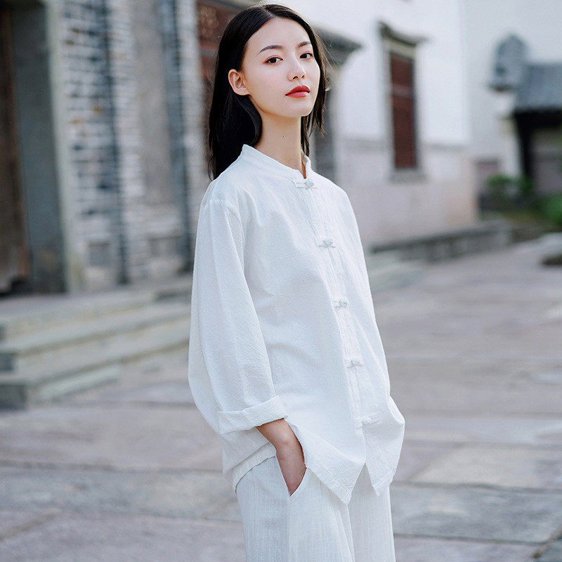 中式盘扣衬衫文艺茶服女中山装国风太极服白色秋