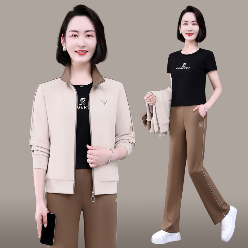 恩狐中年减龄显瘦妈妈套装跑步长袖洋气时尚女运动休闲三件套