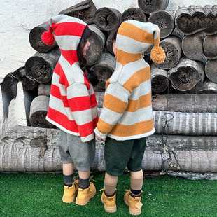 帽儿童秋冬红色连帽条纹衫男童帽衫宝宝开衫毛衣