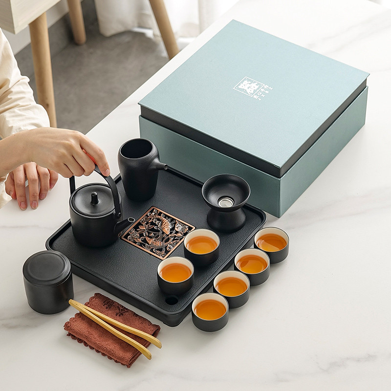 陶瓷功夫茶具套装泡茶壶盖碗复古家用办公会客茶盘手提高档礼盒装