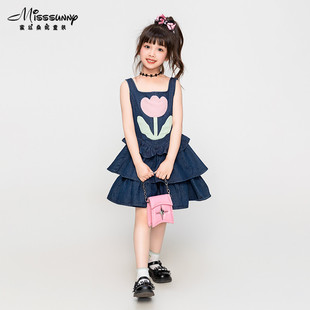 蜜丝桑妮牛仔2024夏季新款洋气花朵无袖蓬蓬蛋糕裙