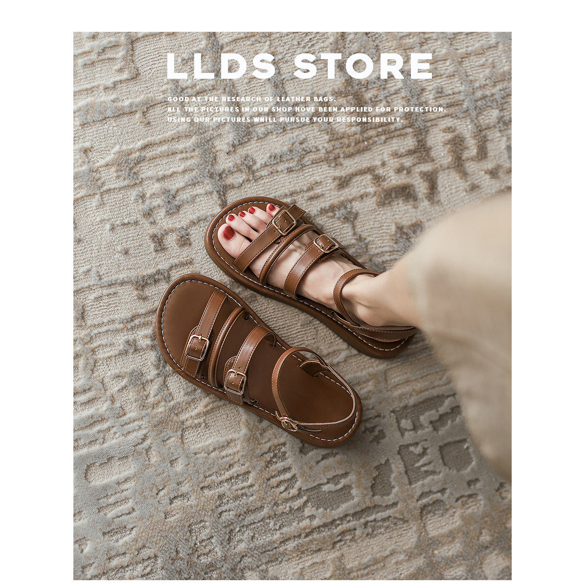 六点大叔  棕色一字带凉鞋款细扣平底凉鞋,女鞋,罗马凉鞋,淘宝优惠券,粉丝福利购,淘宝优惠卷