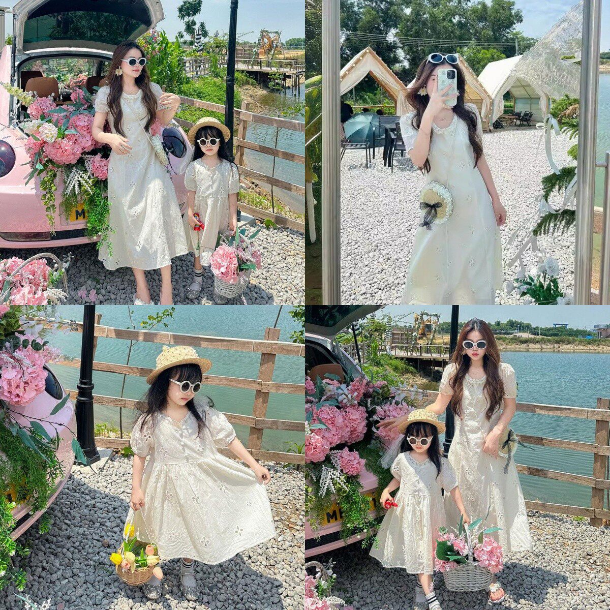 韩国炸街亲子装夏季花朵镂空显瘦洋气宝宝度假母女