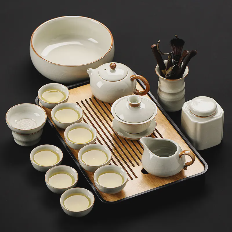 米黄汝窑功夫茶具套装家用新款开片茶壶办公高档泡茶喝茶整套中式