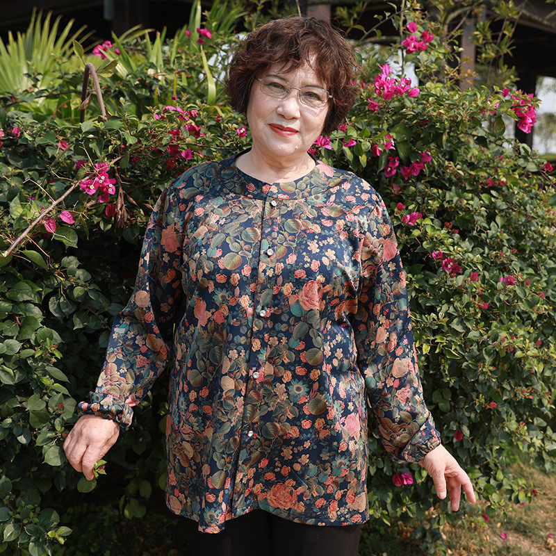 珍缘中老年开衫加肥大码胖妈妈装60岁70奶奶宽松显瘦遮肚印花衬衫