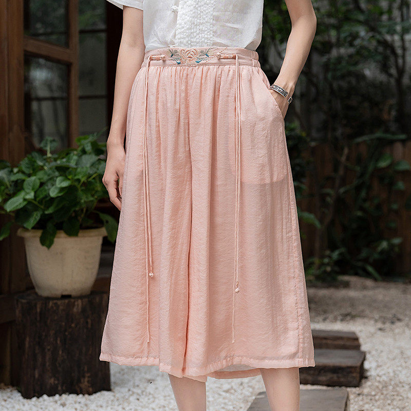 远镇中国风苎麻阔腿裤女七分裤夏季宽松刺绣花中式茶服裤,女装/女士精品,休闲裤,淘宝优惠券,粉丝福利购,淘宝优惠卷