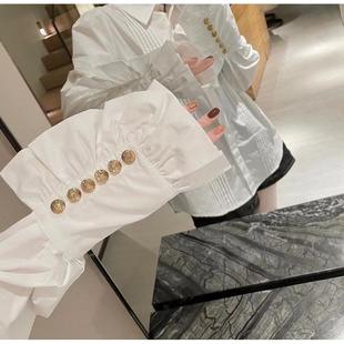 白色衬衫女2025年新款压褶木耳喇叭袖中长款宫廷风设计感小众衬衣