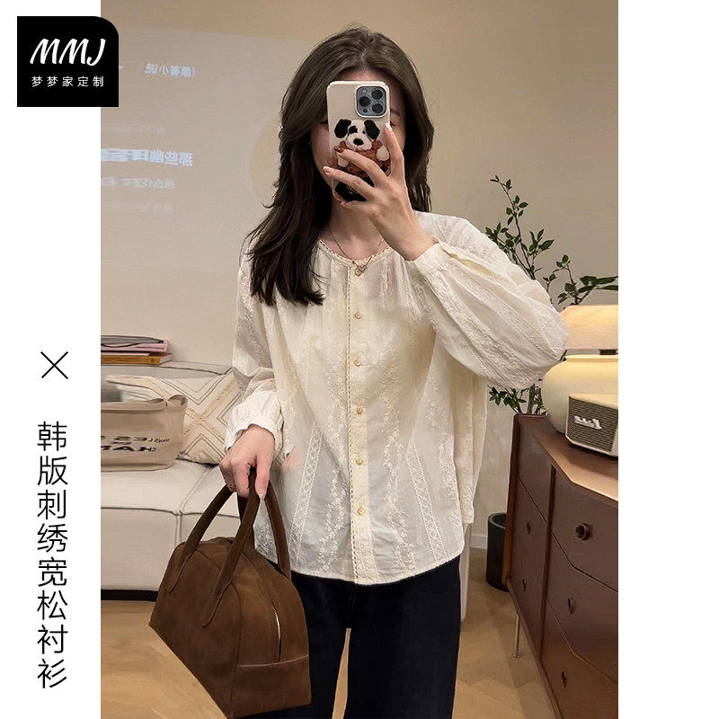 法式重工蕾丝刺绣圆领衬衫女小众设计感宽松百搭袖娃娃衫衬衣