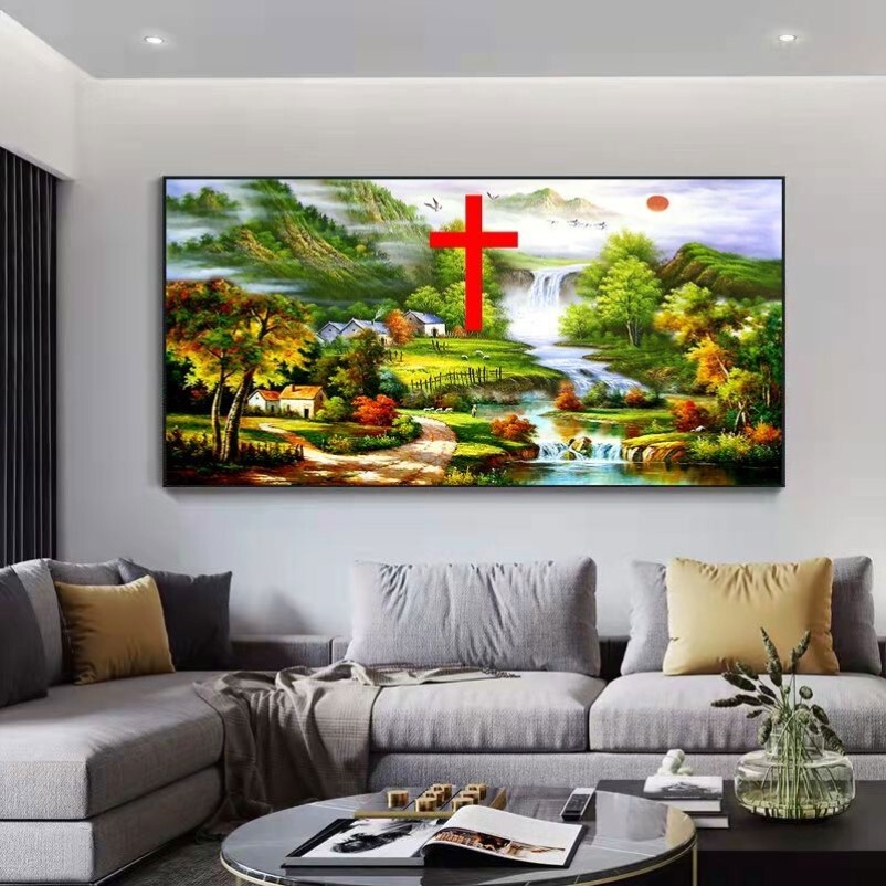 十字架轻奢客厅挂画中式山水风景沙发背景墙装饰画办公室墙壁壁画
