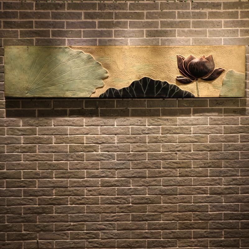 中式荷花挂件墙饰浮雕壁饰画夏之荷复古家居装饰品会所茶庄背景墙图片