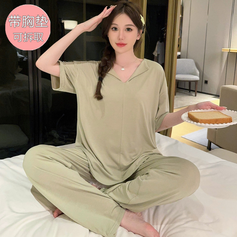 新品莫代尔睡衣女夏季短袖长裤加大码胖MM200斤带胸垫冰丝家居服