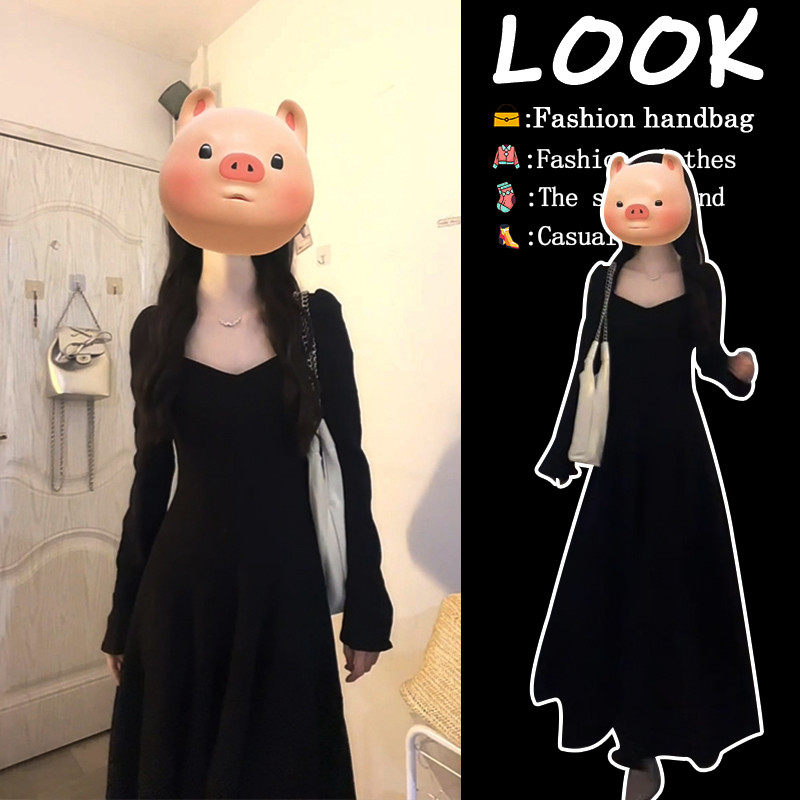 法式赫本风黑色方领长袖女2024秋季新款高级感掐腰,女装/女士精品,连衣裙,淘宝优惠券,粉丝福利购,淘宝优惠卷