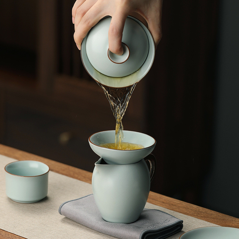盖碗茶杯天青汝窑三才单个防烫带盖套装泡茶公道杯三件套茶具
