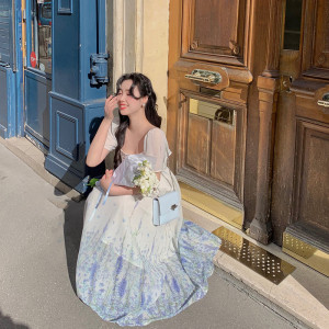 麓津《蓝色鼠尾草》法式蓝色沙滩碎花女夏仙高级感