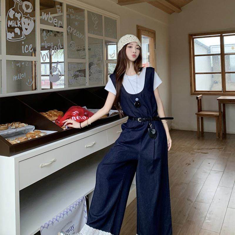 牛仔背带裤夏薄款设计感蕾丝拼接显瘦时尚减龄配腰包阔腿裤三件套,女装/女士精品,大码套装,淘宝优惠券,粉丝福利购,淘宝优惠卷