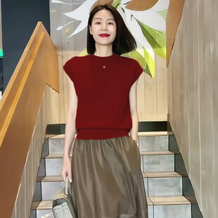 冰丝衫女夏季洋气半高领t恤薄款酒红打底设计感