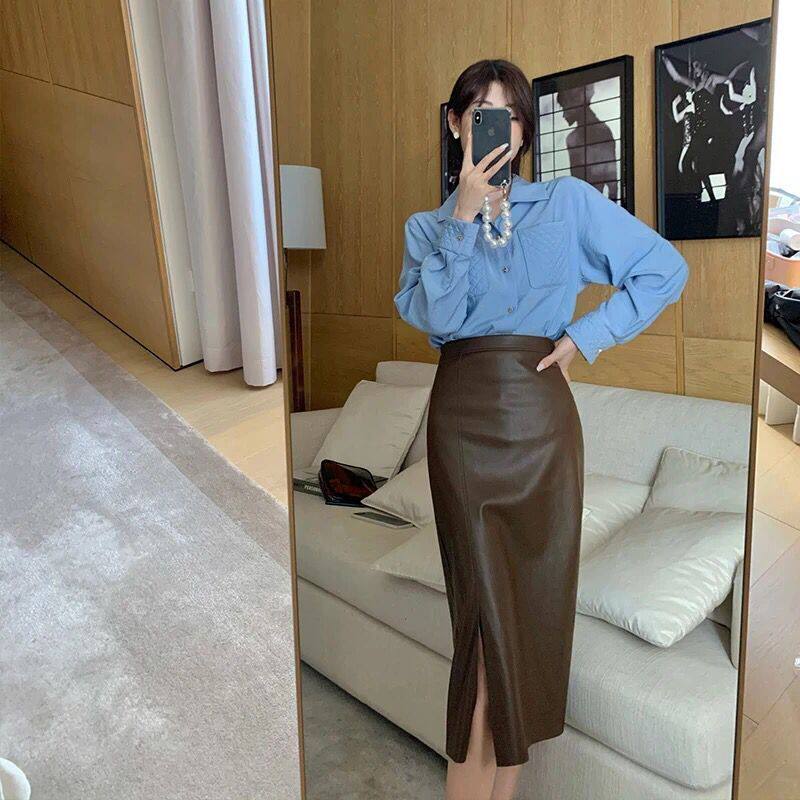 皮裙中长款大码小众设计感开叉包臀裙a字气质一步裙女