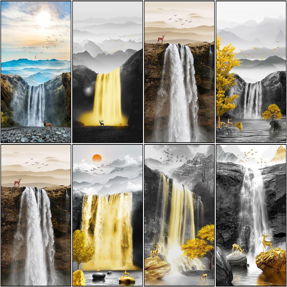 麋鹿瀑布玄关装饰画新中式山水画风景挂画现代客厅走廊过道墙壁画图片