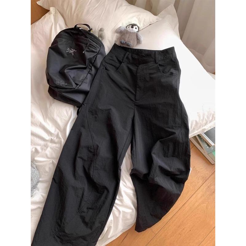 美式复古黑色速干工装裤女夏季薄款高腰垂感阔腿裤宽松拖地长裤子