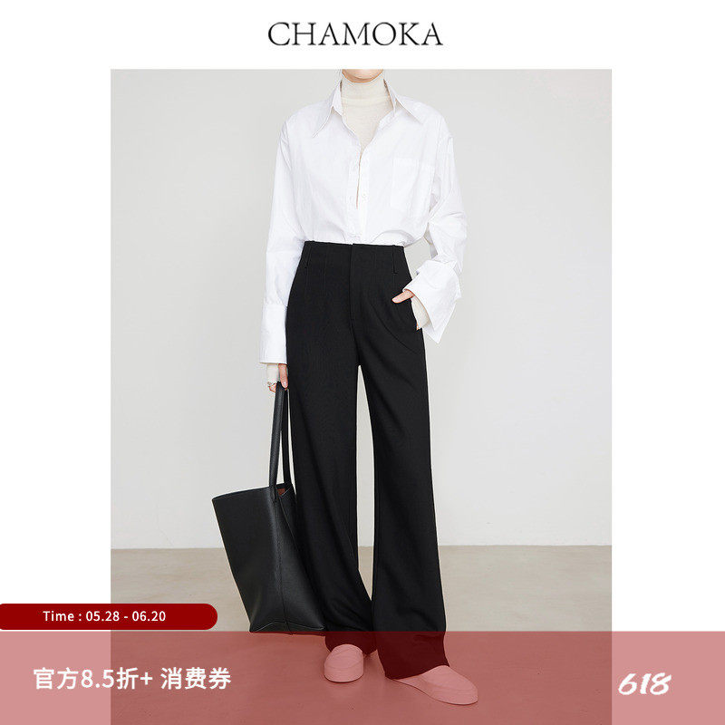 夏莫卡A4腰直筒裤女加长新款垂感显瘦小黑裤裤7769