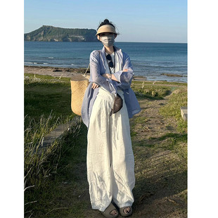 175高个子加长白色女显瘦宽松直筒阔腿亚麻垂感拖地裤