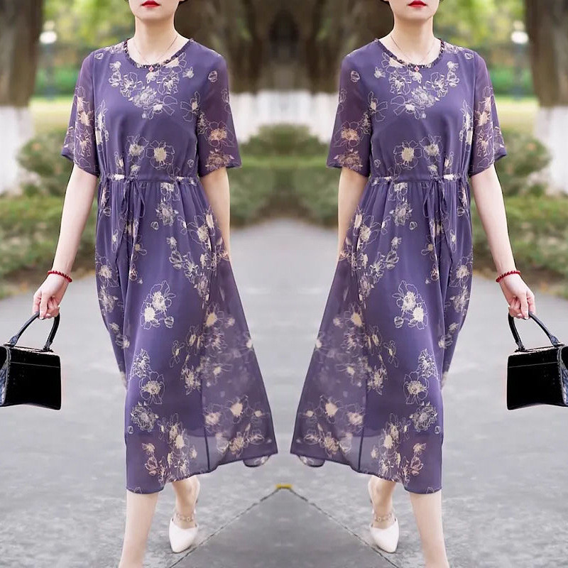 2025夏季新款短袖气质雪纺印花连衣裙宽松遮肉显瘦绑带复古妈妈装
