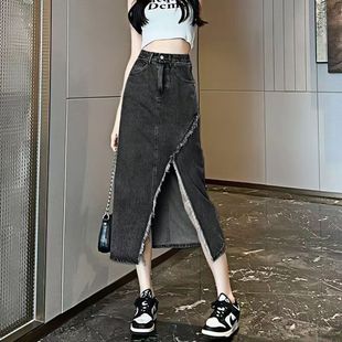 半身牛仔裙女ins风不规则开叉小众毛边a字遮胯包臀中长款