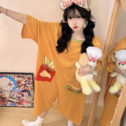 新品哆啦A梦连体睡衣女夏季纯棉短袖可爱卡通睡裙大码200斤宽松家