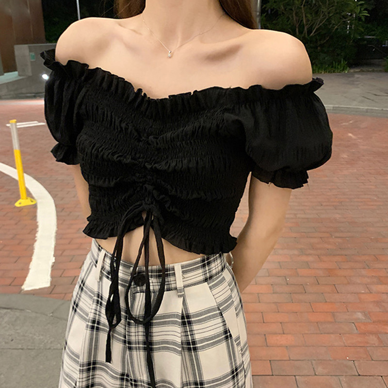 锁骨甜美抹胸超仙女夏纯欲露肩短款泡泡袖度假黑色衬衫