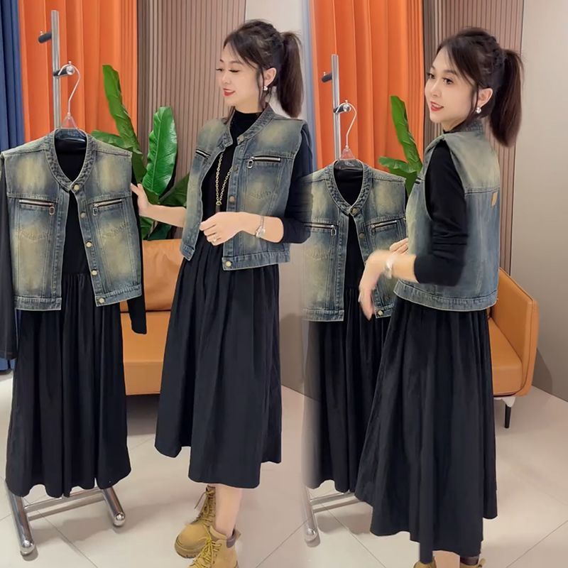 时尚牛仔马甲套装女宽松大码2024秋季新款韩版网红两件套潮