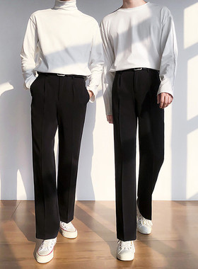 黑色折痕免烫西裤男宽松直筒港风坠感阔腿裤韩版拖地垂感
