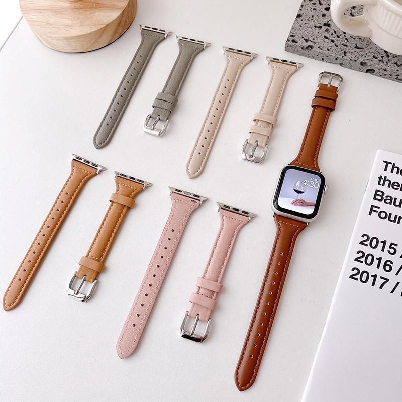 适用applewatch苹果手表s7iwatch6代543小蛮腰真皮表带se小众细女
