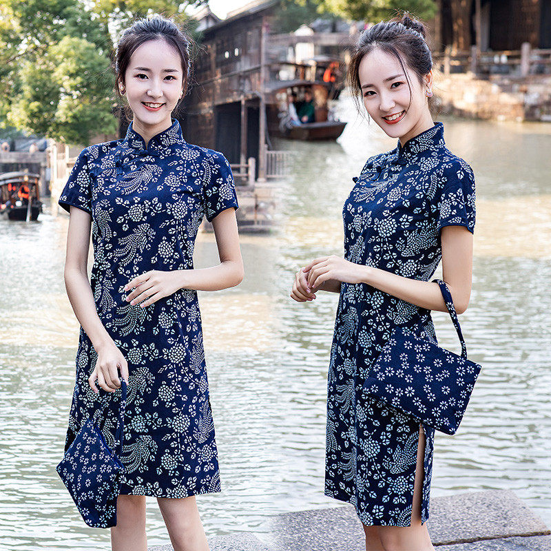 乌镇手工蓝印花布民族风纯棉中长款,女装/女士精品,旗袍,淘宝优惠券,粉丝福利购,淘宝优惠卷