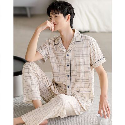 睡衣男士夏季纯棉短袖长裤男款夏天薄款大码中年爸爸男夏款家居服