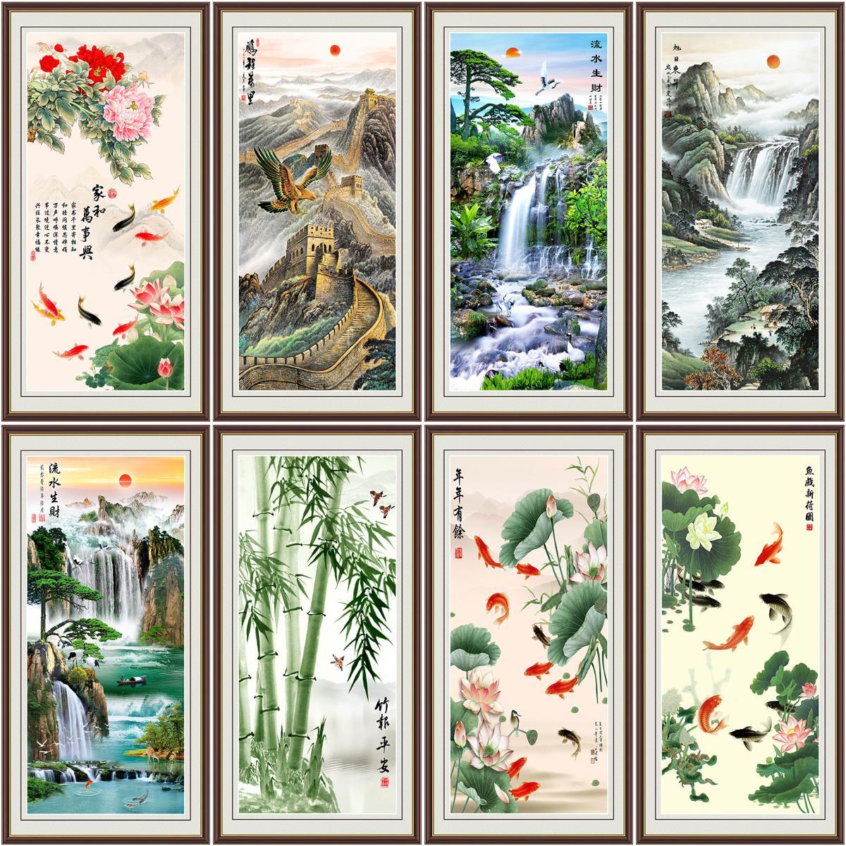 山水画墙贴纸海报流水生财迎客松客厅沙发背景壁画办公室贴画自粘
