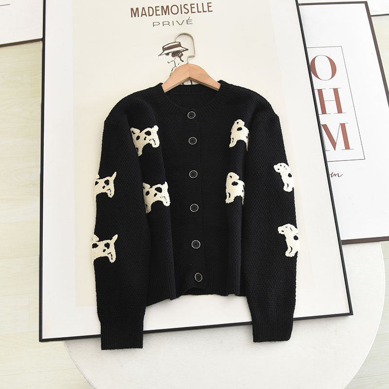 阔系の2023冬季时尚圆领可爱卡通刺绣提花黑色开衫毛衣女,女装/女士精品,毛针织衫,淘宝优惠券,粉丝福利购,淘宝优惠卷