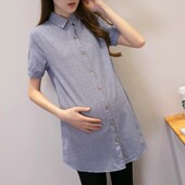 全棉条纹孕妇衬衫 中长款 大码 2025夏季 宽松春秋职业打底衫