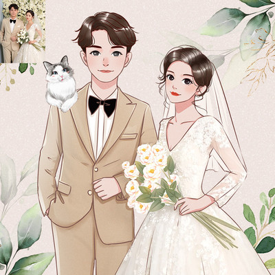 婚礼logo手绘结婚请柬插画Q版头像定制卡通漫画设计婚纱照片情侣
