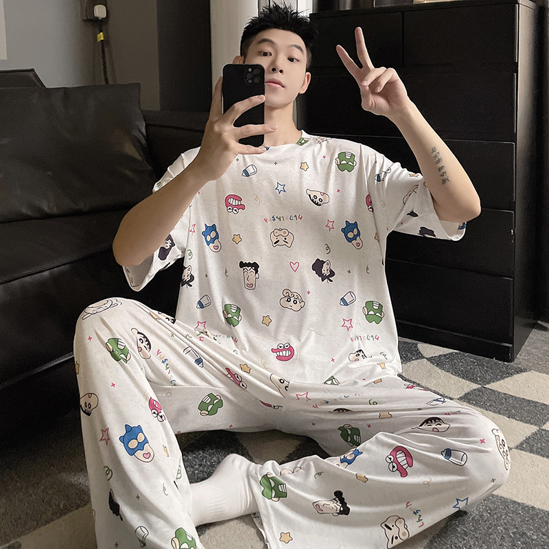 新品蜡笔小新情侣睡衣女夏季冰丝短袖长袖家居服莫代尔凉感大码套