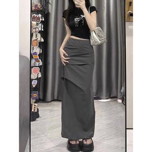 大码胖mm梨型身材美式灰色工装裙遮肚子遮胯设计感开叉半身潮