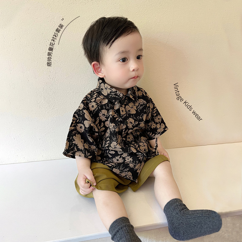 儿童夏季套装婴童男宝宝港式帅气宽松花衬衫出街夏装二件套潮