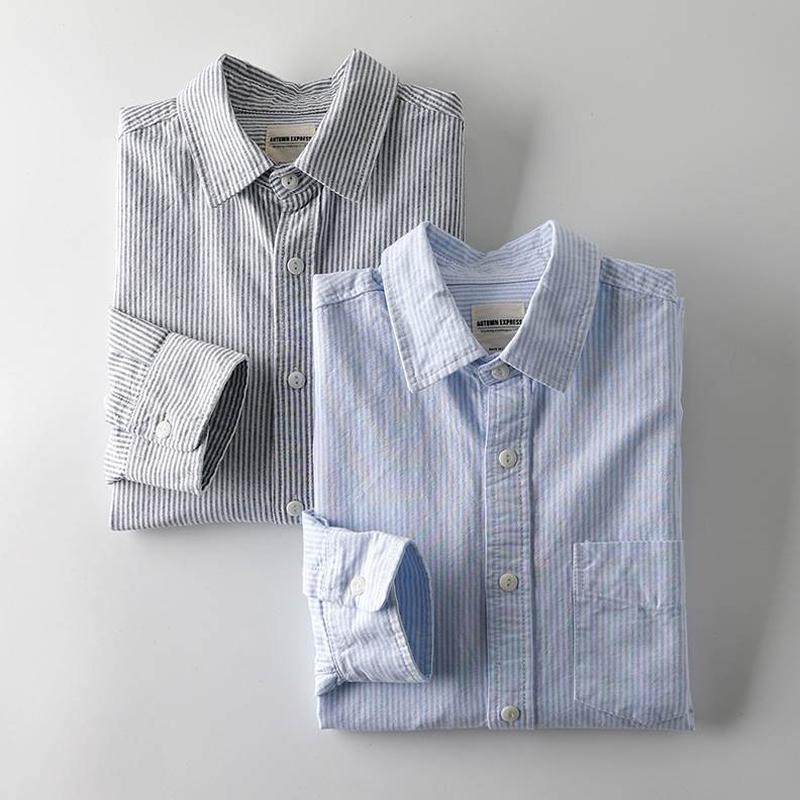 全棉条纹长袖细秋冬衣文艺潮水洗新款竖条纹牛津纺衬衫！成！男士