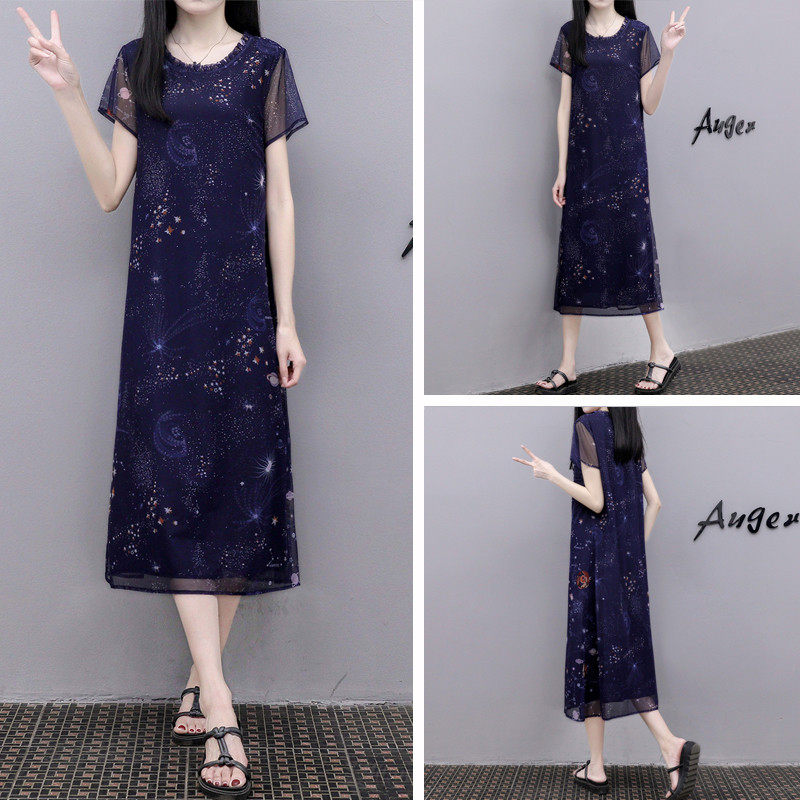 2025夏季新款时尚网纱印花过膝长款宽松雪纺显瘦遮肉女,女装/女士精品,连衣裙,淘宝优惠券,粉丝福利购,淘宝优惠卷