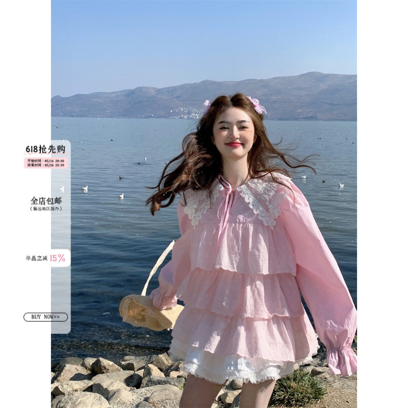 范雯雯 樱粉蛋糕 蕾丝长袖白色女夏季韩版甜美宽松