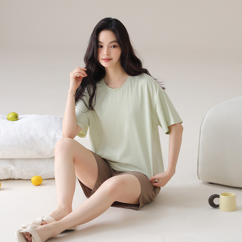 新品夏季莫代尔棉短袖睡衣套装自带胸垫一体女士家居服大码韩版可