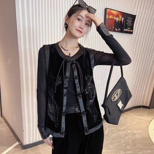 黑色马甲女2025早春新款中国风盘扣丝绒拼接气质马夹坎肩