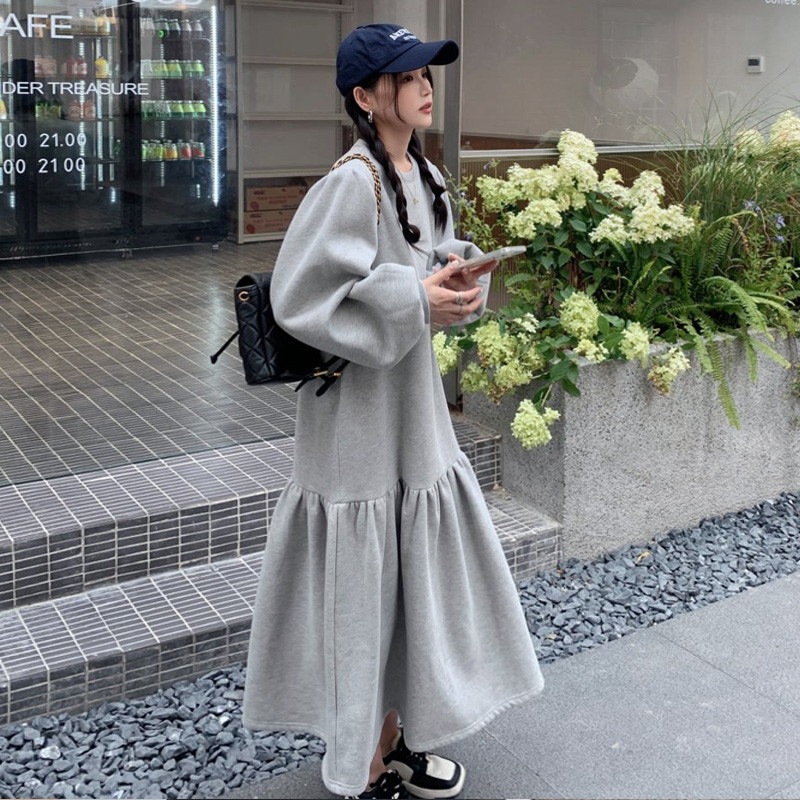 2023秋冬新款少女加绒加厚宽松大码裙过膝长款小众鱼尾