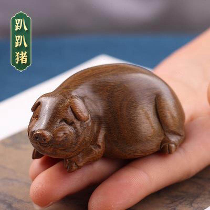 将木生绿檀木质手工趴趴猪手把件随身文玩把件木雕工艺品摆件礼品
