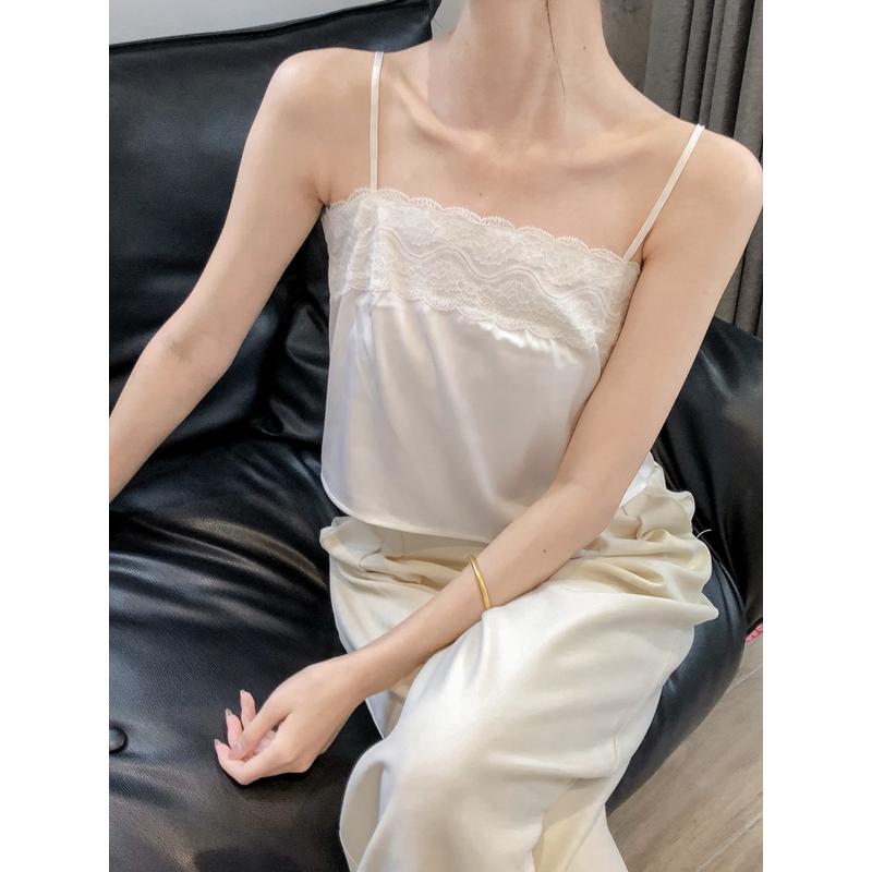 2025春女百搭一字方领蕾丝缎面衬衫防透无袖打底内搭小衫