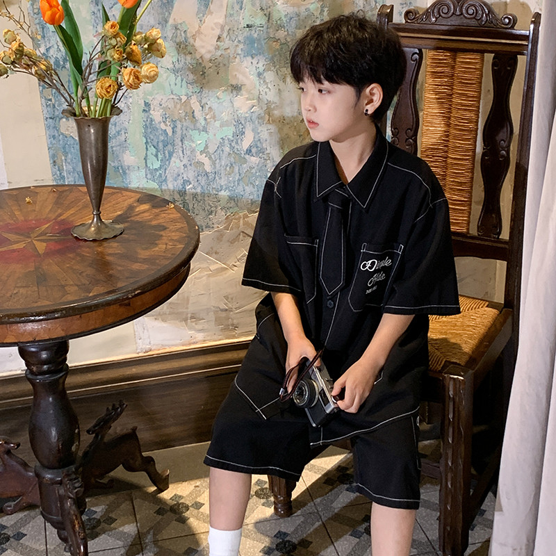 高甜梨涡男童黑色学院风牛仔衬衫套装夏装儿童夏季五分裤
